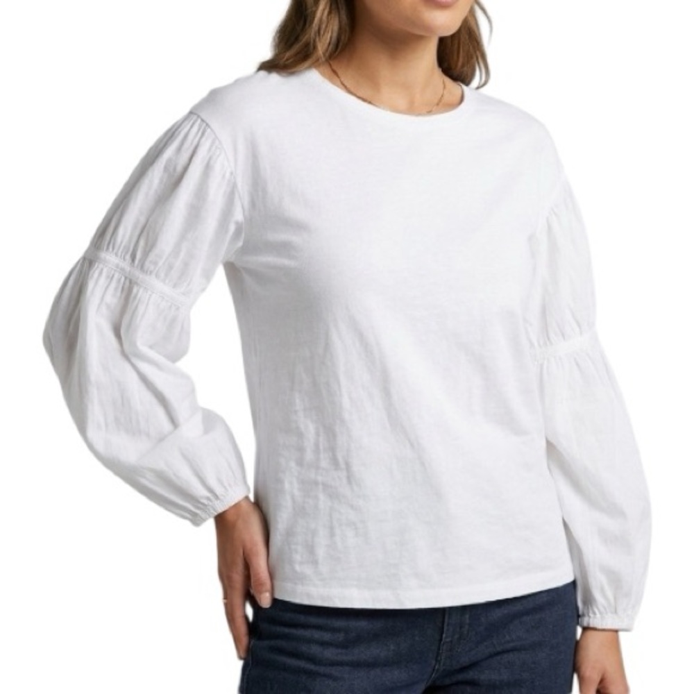 Madewell White Mixed Media Bubble Sleeve Top Crewneck Tee Shirt Size Small